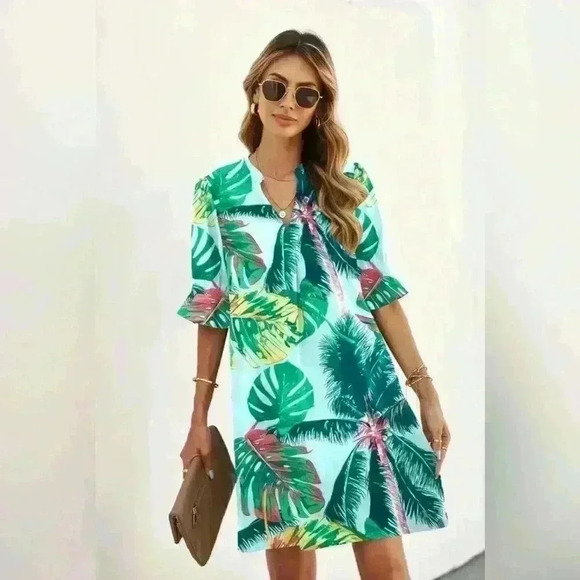 Women’s Vacation Summer Dress Short Ruffle Sleeve V-neck Tropical Print NWT SM - Picture 3 of 7
